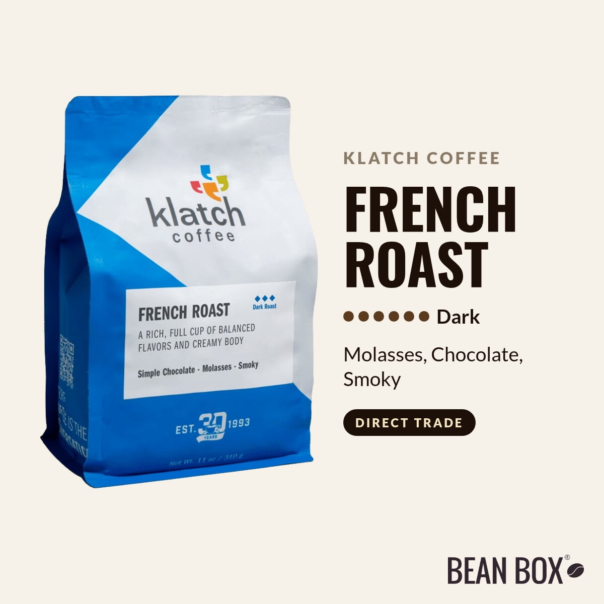 French Roast - Roasted by Klatch Coffee - Whole Bean Coffee - 310g Bag