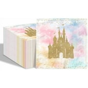 80 Pcs Princess Castle Birthday Paper Napkins Pastel Rainbow Castle Disposable Napkins Gold Glitter Castle Napkins for Girls Birthday Party Supplies Table Decor