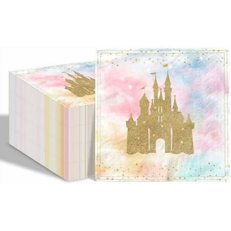80 Pcs Princess Castle Birthday Paper Napkins Pastel Rainbow Castle Disposable Napkins Gold Glitter Castle Napkins for Girls Birthday Party Supplies Table Decor