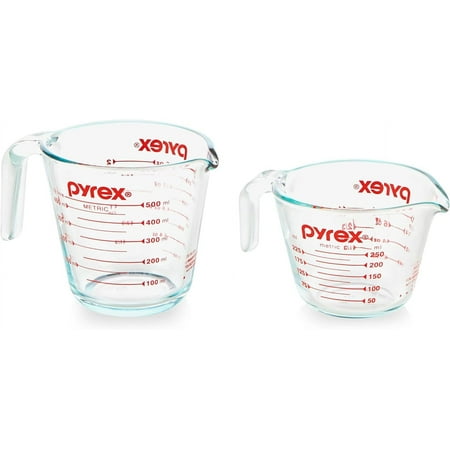 Pyrex 2 Piece Glass Measuring Cup Set  Includes 1-Cup  and 2-Cup Tempered Glass Liquid Measuring Cups  Dishwasher  Freezer  Microwave  and Preheated Oven Safe  Essential Kitchen Tools