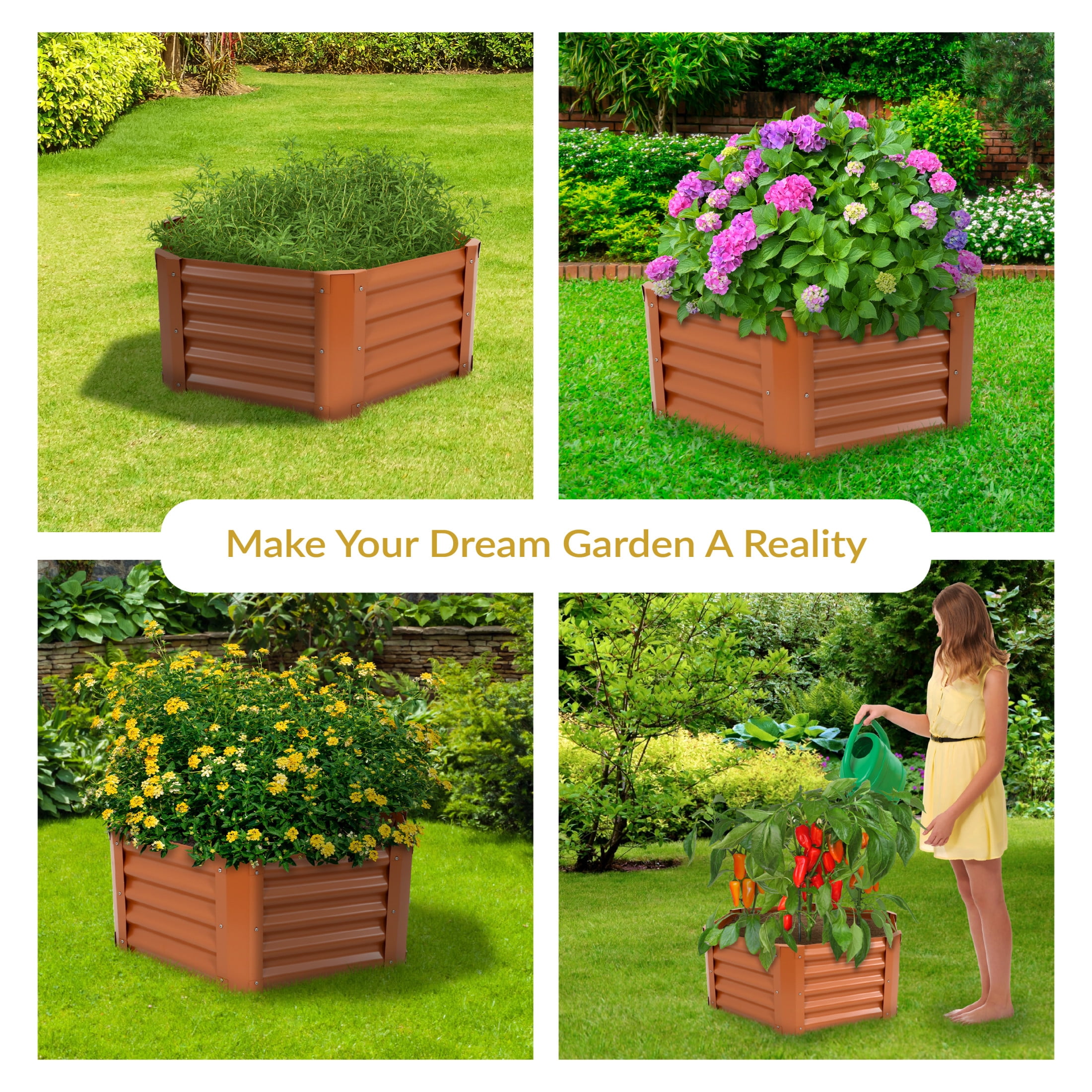 Sunnydaze 41" x 35.5" x 16.25" Hexagon Brown Galvanized Steel Raised Garden Bed