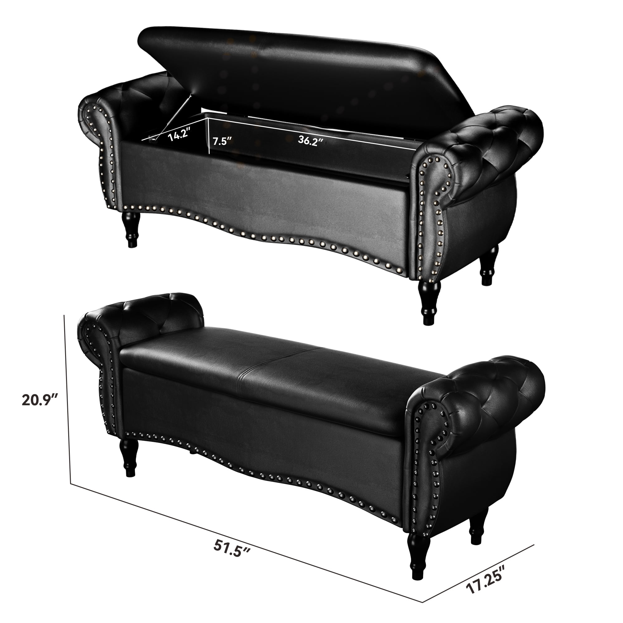 YIKEMA Upholstered PU Leather Rectangle Storage Ottoman Bench with Nailhead Trim, 51.5", Black