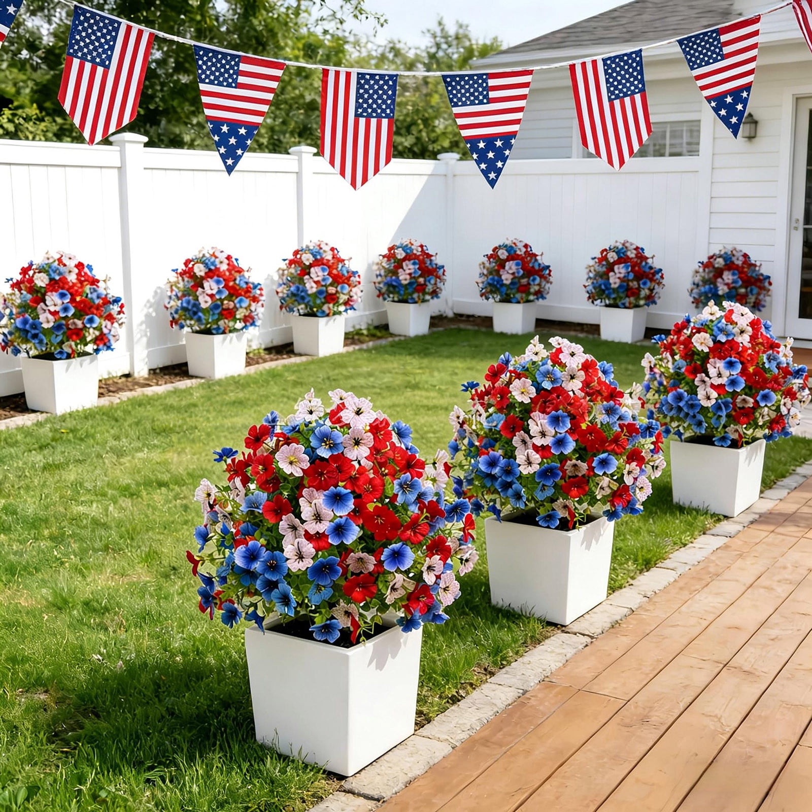 17.7in Independence Day Artificial Ground Stake Flower Tree - Red White Blue Flowers, Plastic Stalk, to Insert Soil, Floral Decor, Holiday Arrangements, Home, Outdoor, Weather-Resistant