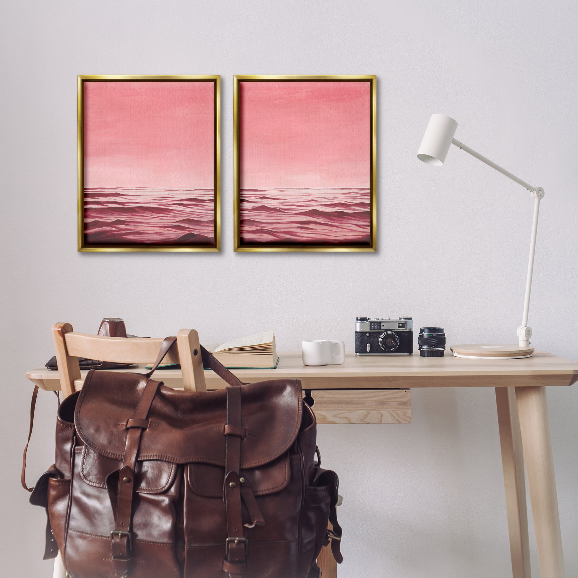 Stupell Industries Pink Calm Seascape Nautical & Beach Painting Gold Floater Framed Canvas Art Print Wall Art, 17 x 21, Set of 2