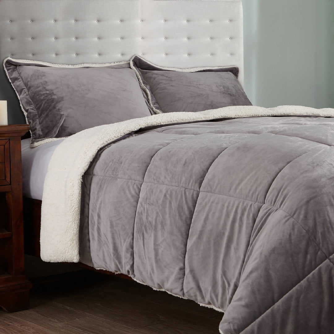 Peace Nest 3 Piece Sherpa Reversible Down Alternative Comforter Set Grey Queen
