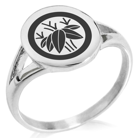 Stainless Steel Bamboo Kamon Crest Minimalist Oval Top Polished Statement Signet Ring
