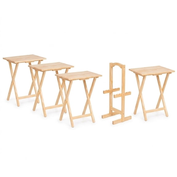 Mainstays 5-Piece Farmhouse XL Rubberwood Folding TV Tray Set with Storage Rack, Natural