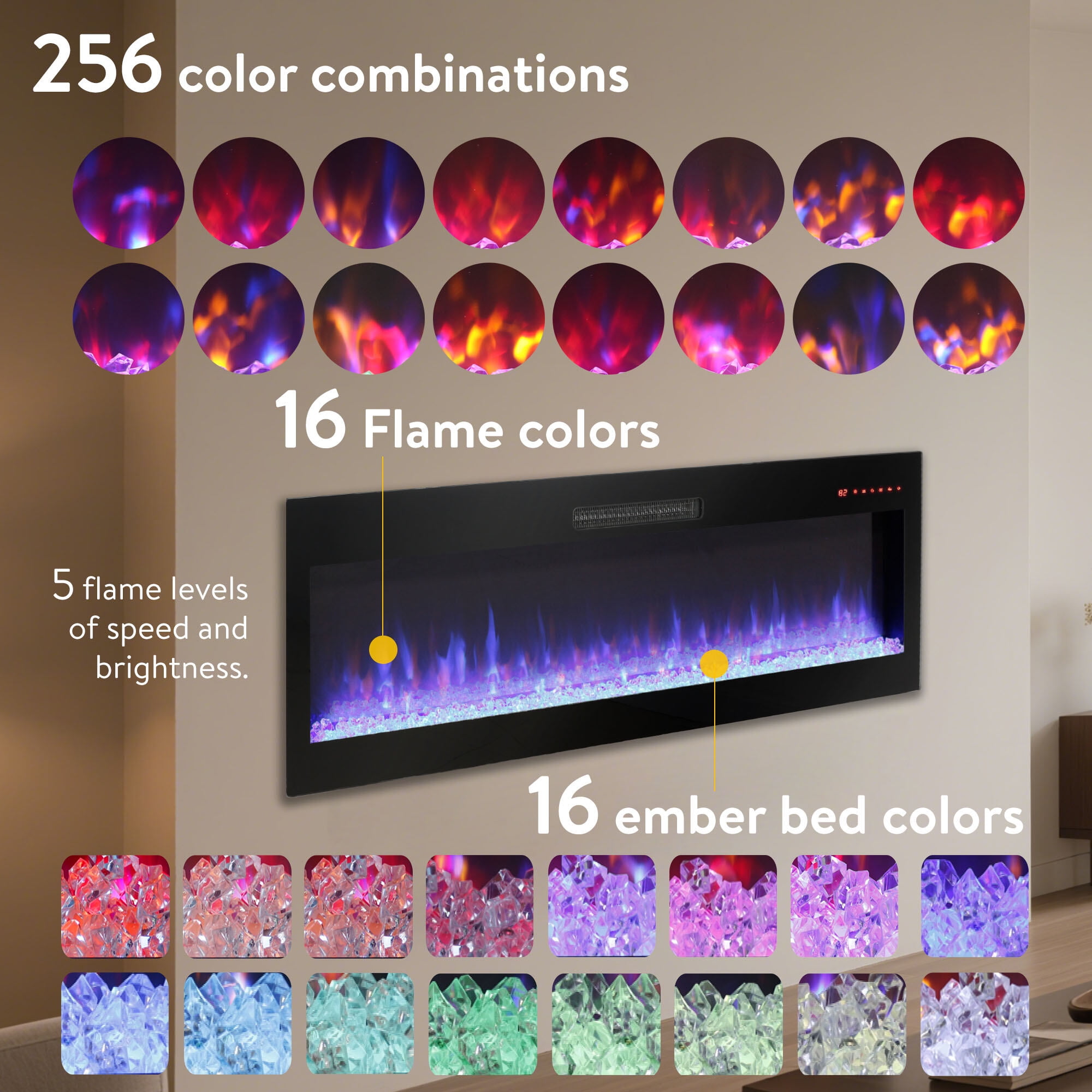 Full Size Electric Indoor Fireplaces, Smart 50" WiFi-Enabled Electric Fireplace Heater, Recessed in-Wall and Wall-Mounted, Antique Black Indoor Fireplaces,Fireplace Tools Set