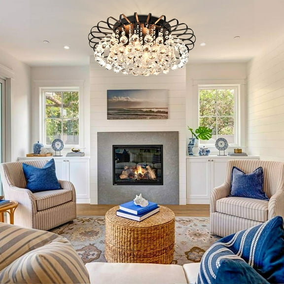 FINE MAKER 23.6" Crystal Floral Chandelier 6-Light Antique Modern Black Flush Mount Raindrop Crystal Ceiling Lighting Fixture Chandelier