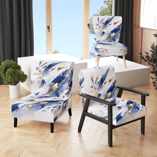 Designart "Cubist Kaléidoscope en Bleu et Blanc III" Chaise d'Appoint Rembourrée Cubisme Bleu - Fauteuil Moderne pour Salon