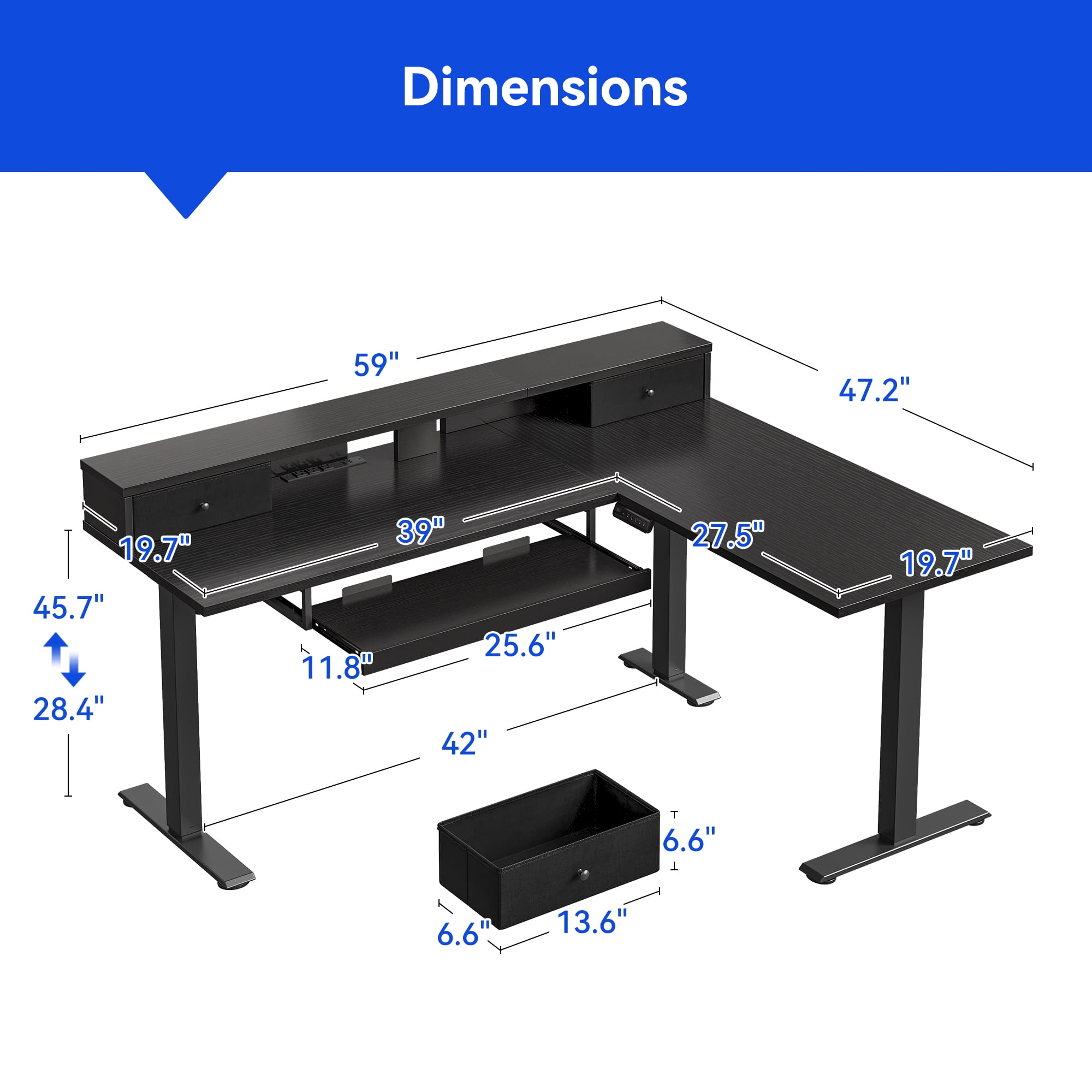 L-Shaped Electric Standing Desk, Height Adjustable Corner Desk with Drawers, Computer Desk with Monitor Shelf & Keyboard Tray, 3 Power Outlets & 2 USB Ports, Black