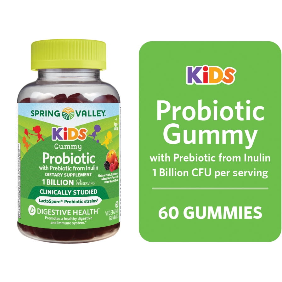 Spring Valley Kids Probiotic with Prebiotic from Inulin Vegetarian Gummies for Digestive Health, Assorted Flavors, 1 Billion CFU, 60 Count