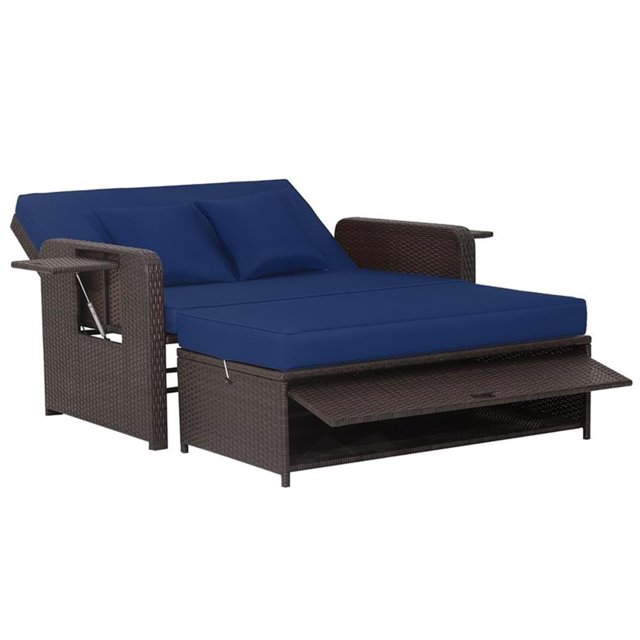Pemberly Row Contemporary Patio Rattan Daybed Lounge in Navy
