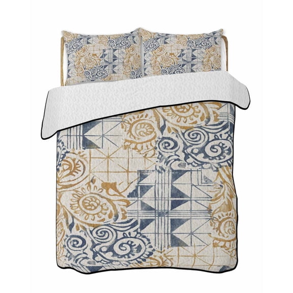 Quilt King Size Bedding Set, Blue Yellow Swirl Reversible Summer Quilt 3 Pieces, Vintage Abstract Geometric Patchwork Lightweight Bedspreads Coverlets with 2 Pillow Shams for All Seasons