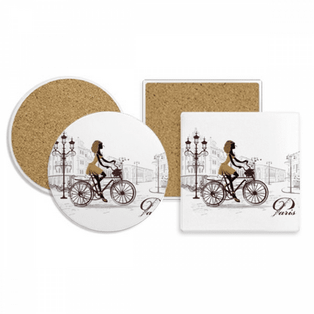 

Bicycle Lady France Illustration Pattern Coaster Cup Mug Holder Absorbent Stone Cork Base Set