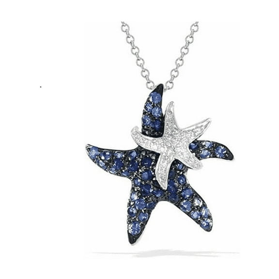 1.00Ct Round Cut Blue Sapphire 925 Silver Starfish Pendant For Women's 14k White Gold Finish With 18" Free Chain