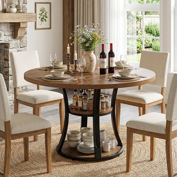 Finmind Round Dining Table for 4,  39 Inch Farmhouse Kitchen Table with 2-Layer Storage Shelf and Metal Base for Home, Dining Room, Living Room, Rustic Brown
