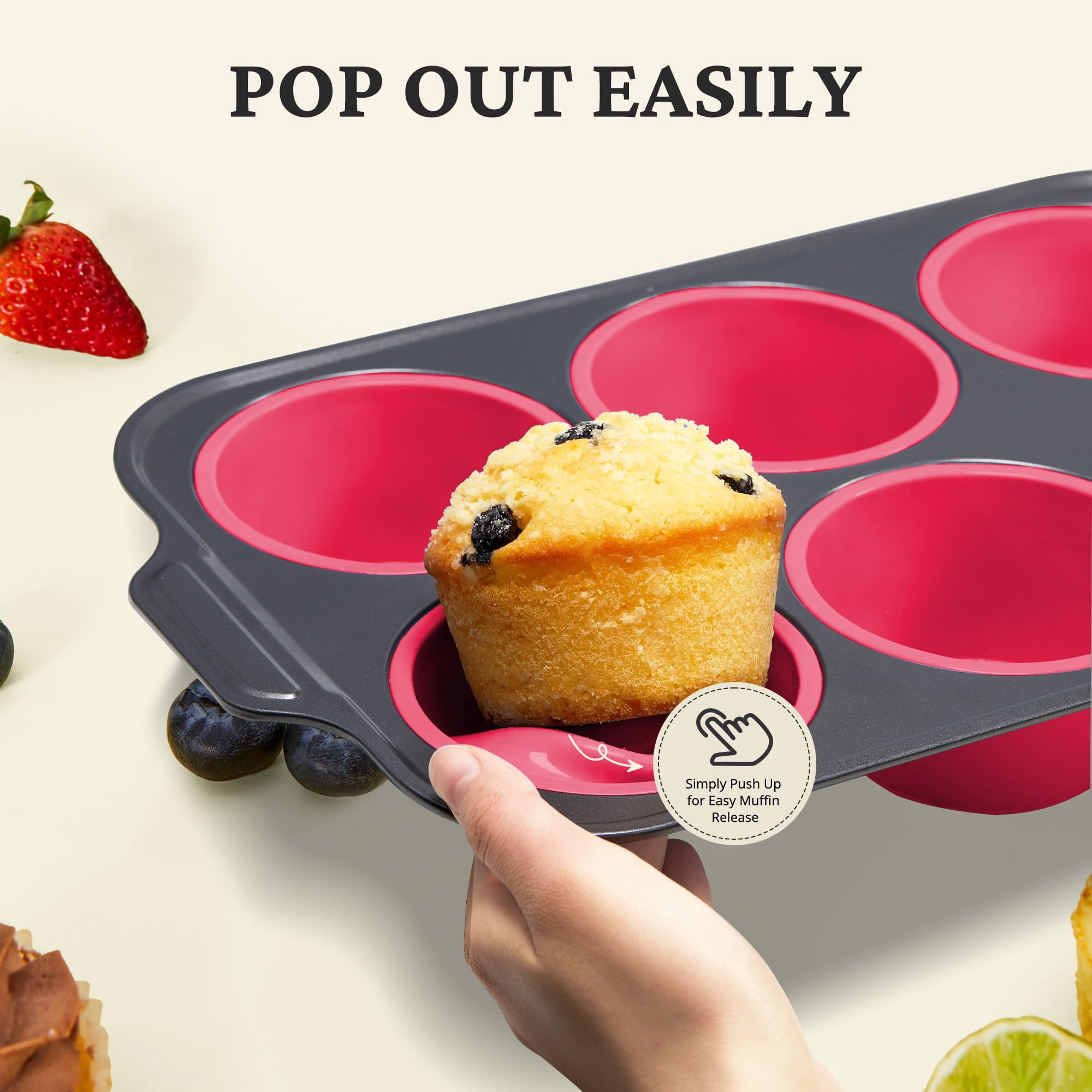 HONGBAKE Jumbo Silicone Muffin Pan with Metal Frame, 3.5" Large Muffin Tins, Non-Toxic Food Grade Silicone, Non-Stick for Egg Bites & Big Cupcakes, Oven Safe, Pink