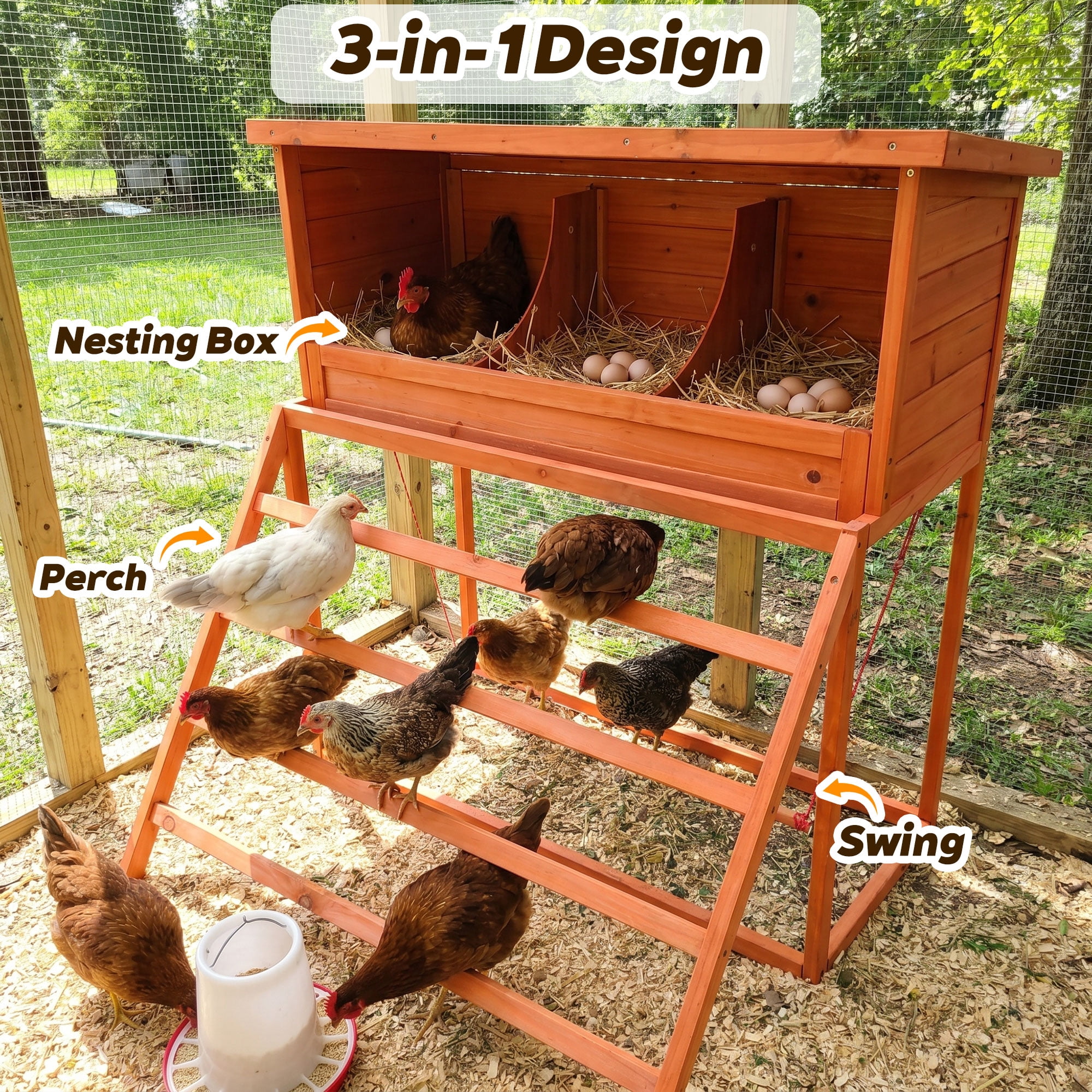 3-in-1 Wooden Chicken Nesting Box with Perch & Swing, 3 Compartments Fir Wood Poultry Laying Nest Box for Chickens Hens Ducks