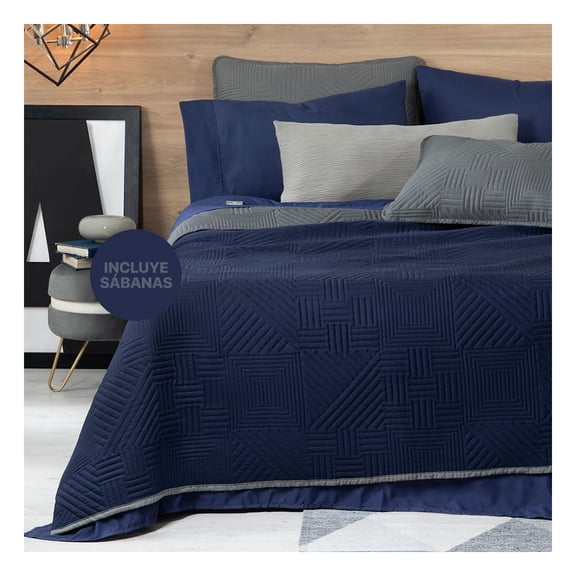 Set de Edredón Ligero Doble Vista con Sábanas y Fundas Real Textil (Azul Marino/Gris, Individual)