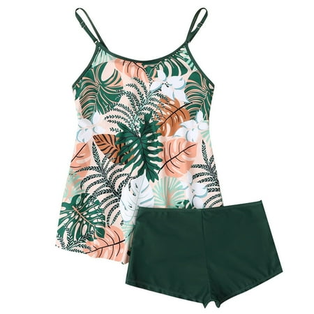 Summer Savings Clearance! Enjoytime Women s Swimsuits Vintage Print Plus Size Swim Tank Top with Boyshorts Beach Two Piece Bathing Suits Tummy Control Swimsuits for Women