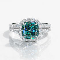 Jewelerix Exquisite Green Cushion Cut Promise Day Ring Halo 14K White Gold Vermeil Split Shank Engagement Ring Brilliant Moissanite Wedding Ring