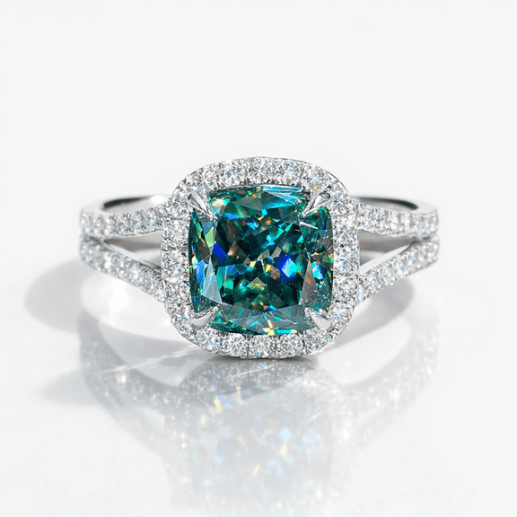 Jewelerix Exquisite Green Cushion Cut Promise Day Ring Halo 14K White Gold Vermeil Split Shank Engagement Ring Brilliant Moissanite Wedding Ring