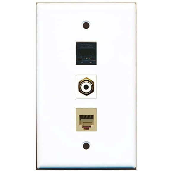 RiteAV - 1 Port RCA White and 1 Port Phone RJ11 RJ12 Beige and 1 Port Cat5e Ethernet Black Wall Plate