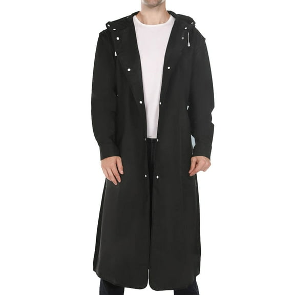 ZVNAΖH Mens Button Up Rain Poncho Black Waterproof Long Raincoat Rain Coat Hooded Trench Jacket EVA Rain Gear Workwear