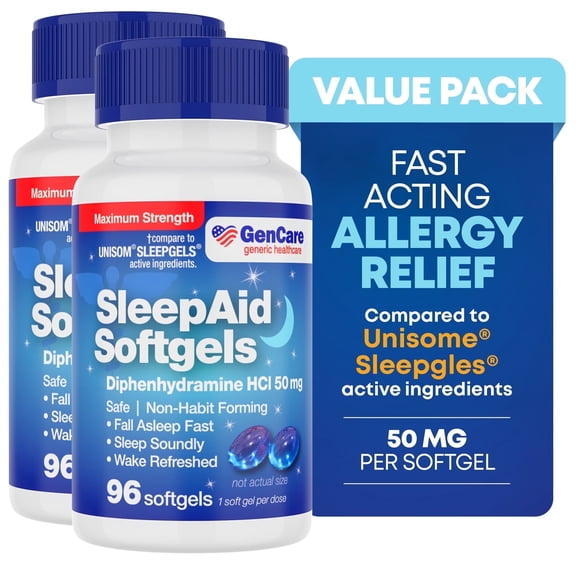 GenCare Sleep Aid Non Habit Forming Pills Diphenhydramine HCl 50mg, 96 Softgels, 2 Pack