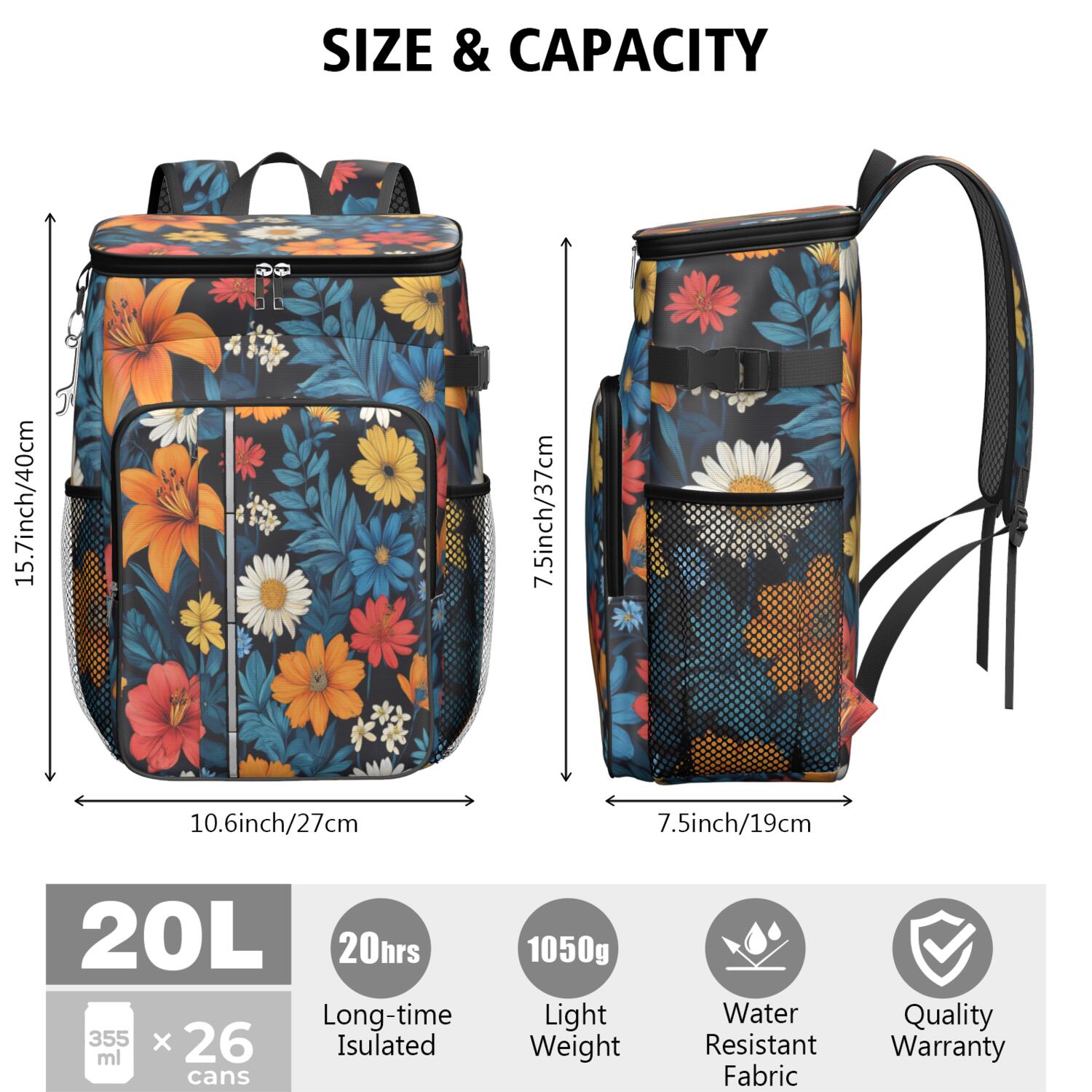 Travel Cooler Bag - Pioneer Flower Floral Print Pattern Camping Beer Cooler Backpack with Bottle Opener- Waterproof Insulated Picnic Backpacks - Cooler Bag for Beach