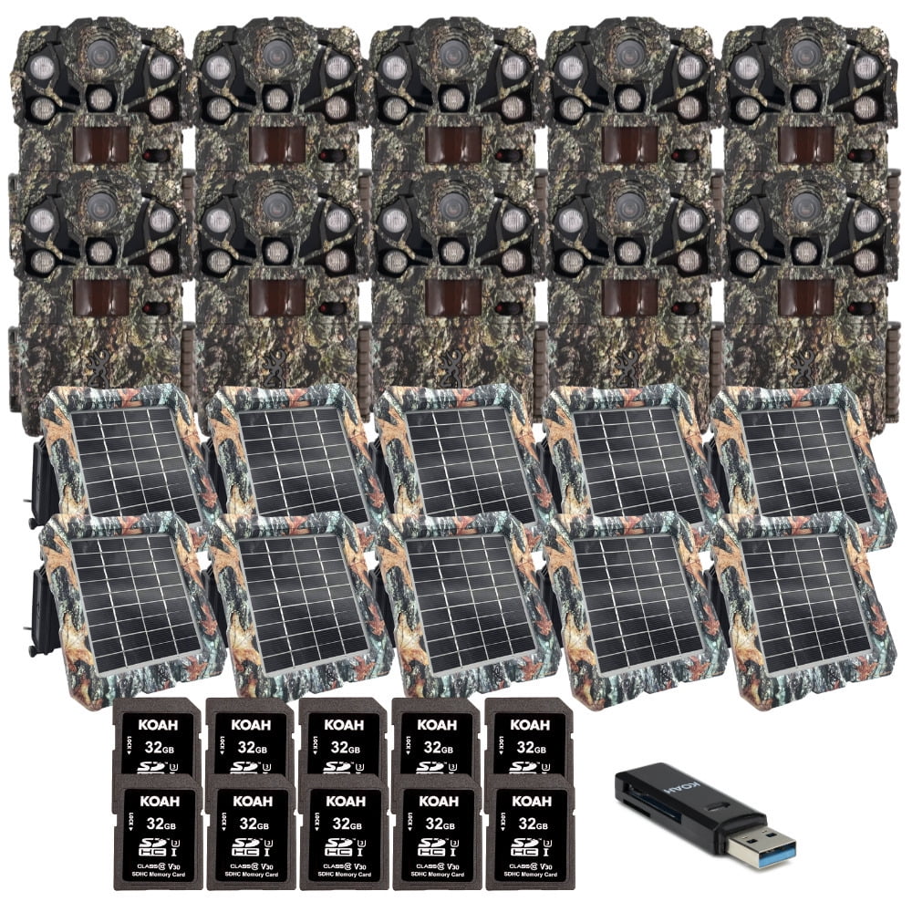 Browning Trail Cameras Recon Force Elite HP5 Ultra (Non-Cellular) 10-Pack Bundle with Solar Power Pack 32GB Memory Card and Reader (31 Items)