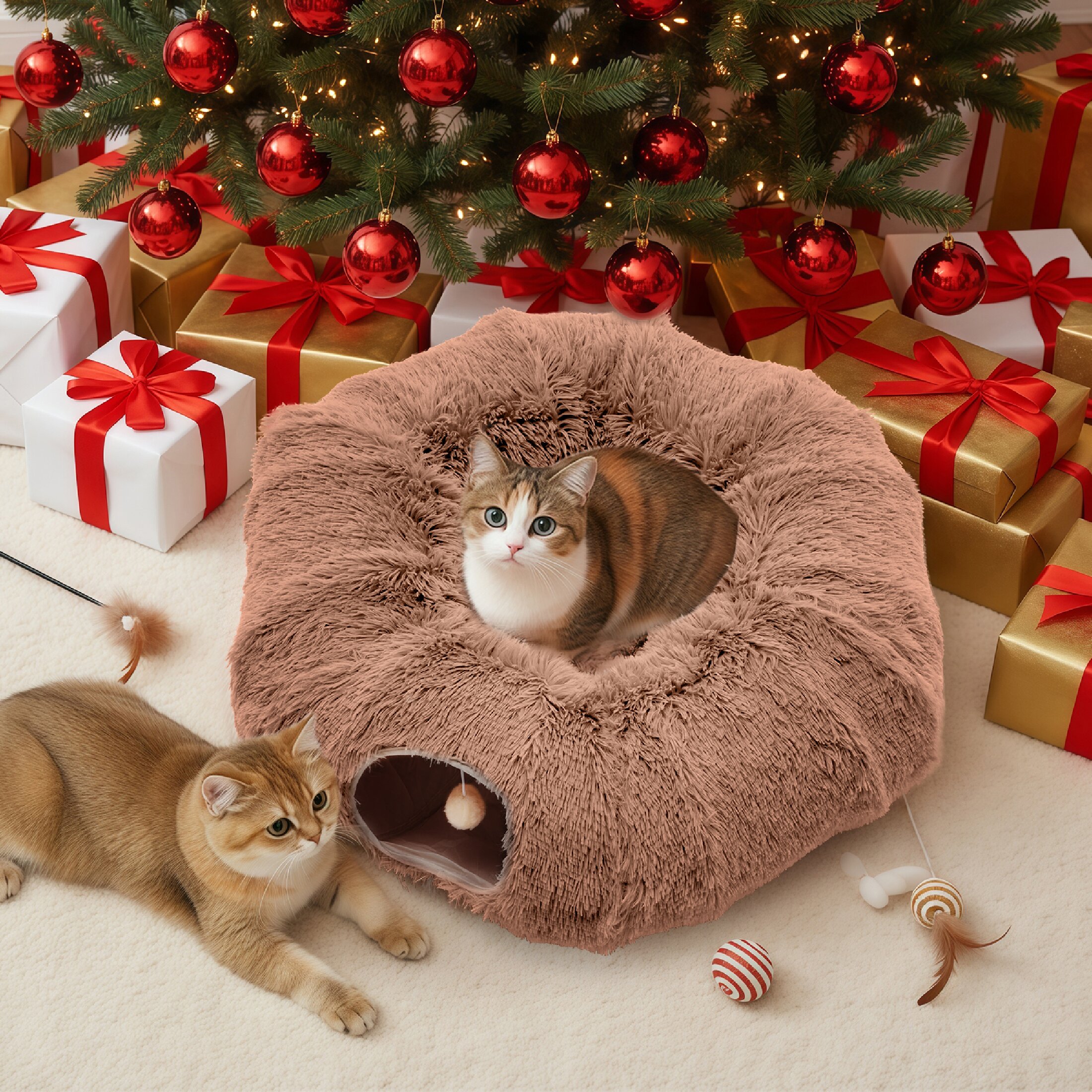 edx Cat Tunnel Bed for Indoor Cats, Soft Plush Peekaboo Hideaway Cave with Circle Cushion, Washable Multifunctional Playground Cat Donut Tunnel for Kittens, Rabbit, Ferret, Brown