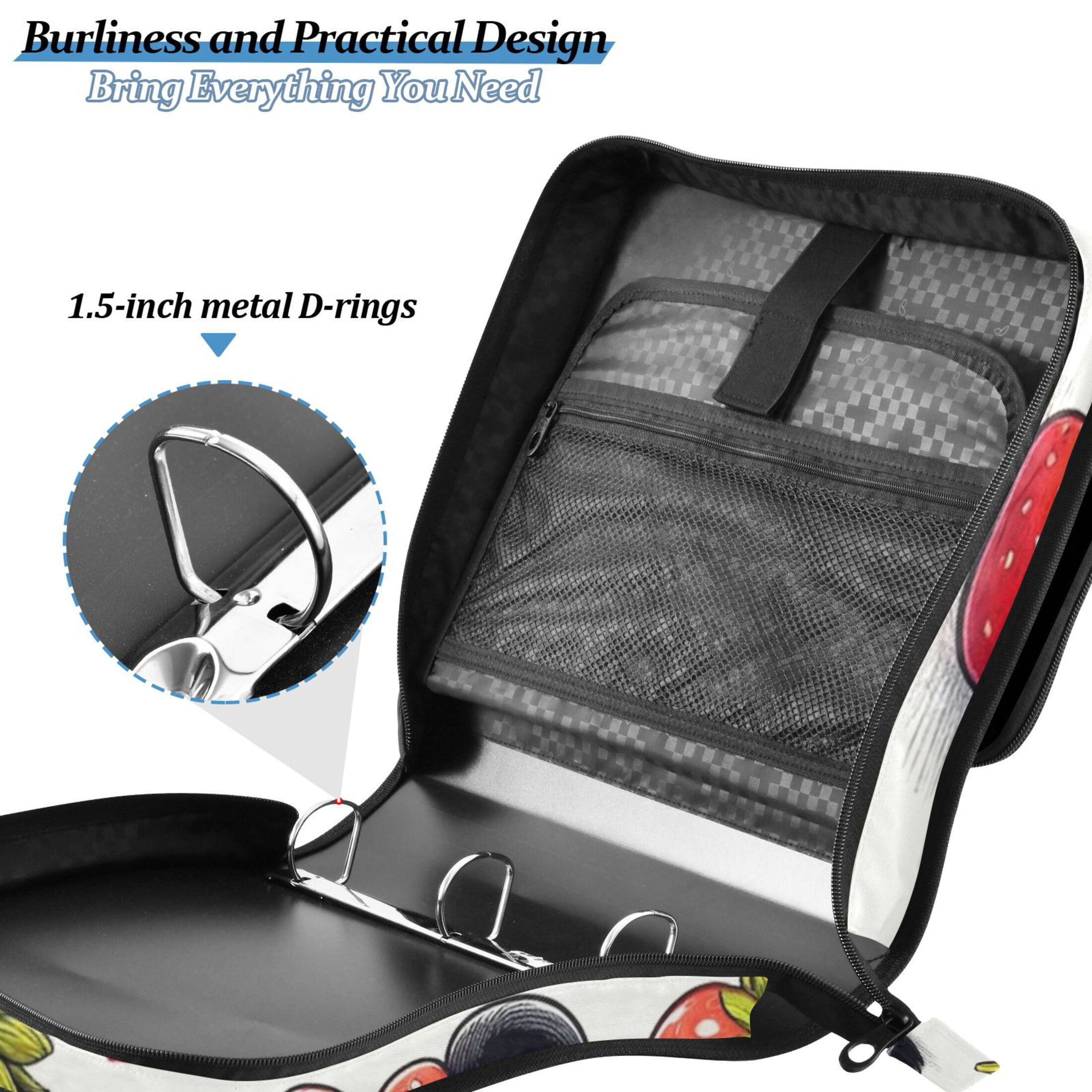 3 Ring Zipper Binder with Shoulder Strap Waterproof Trapper Keeper 2 Inch D-Ring 500 Sheets Capacity Cute Panda with Strawberry