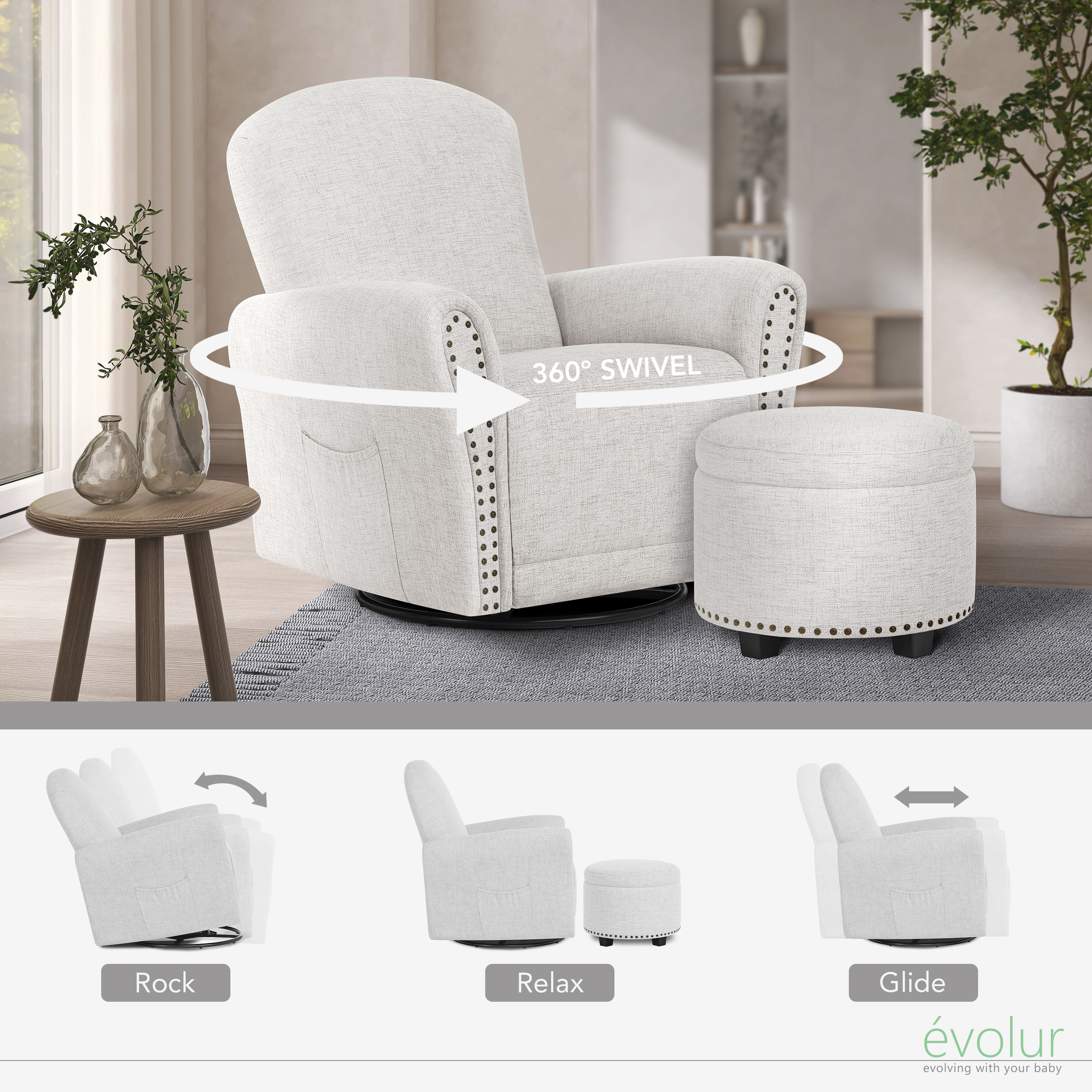 Evolur Vienna Swivel Glider with Ottoman and Nailhead Trim, Greenguard Gold Certified, Made from Sturdy and Sustainable FSC-Certified Wood, Fog Grey
