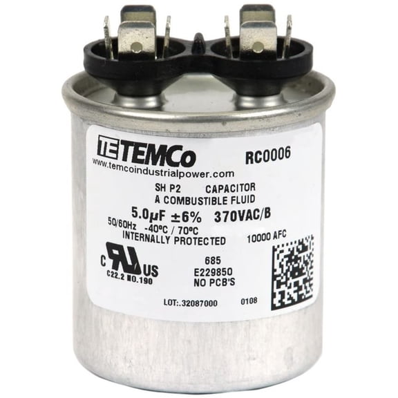 TEMCo 5 uF Run Capacitor CBB65, 5 MFD, 370V, Round, 50/60Hz