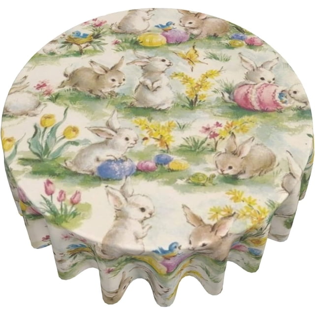Easter Bunny Round Tablecloth, 60 Inch Cute Rabbit Easter Eggs Hunt Circular Table Cloth, Spring Tulip Flowers Vintage Table Cover for Dining Kitchen Party Holiday Farmhouse Decor