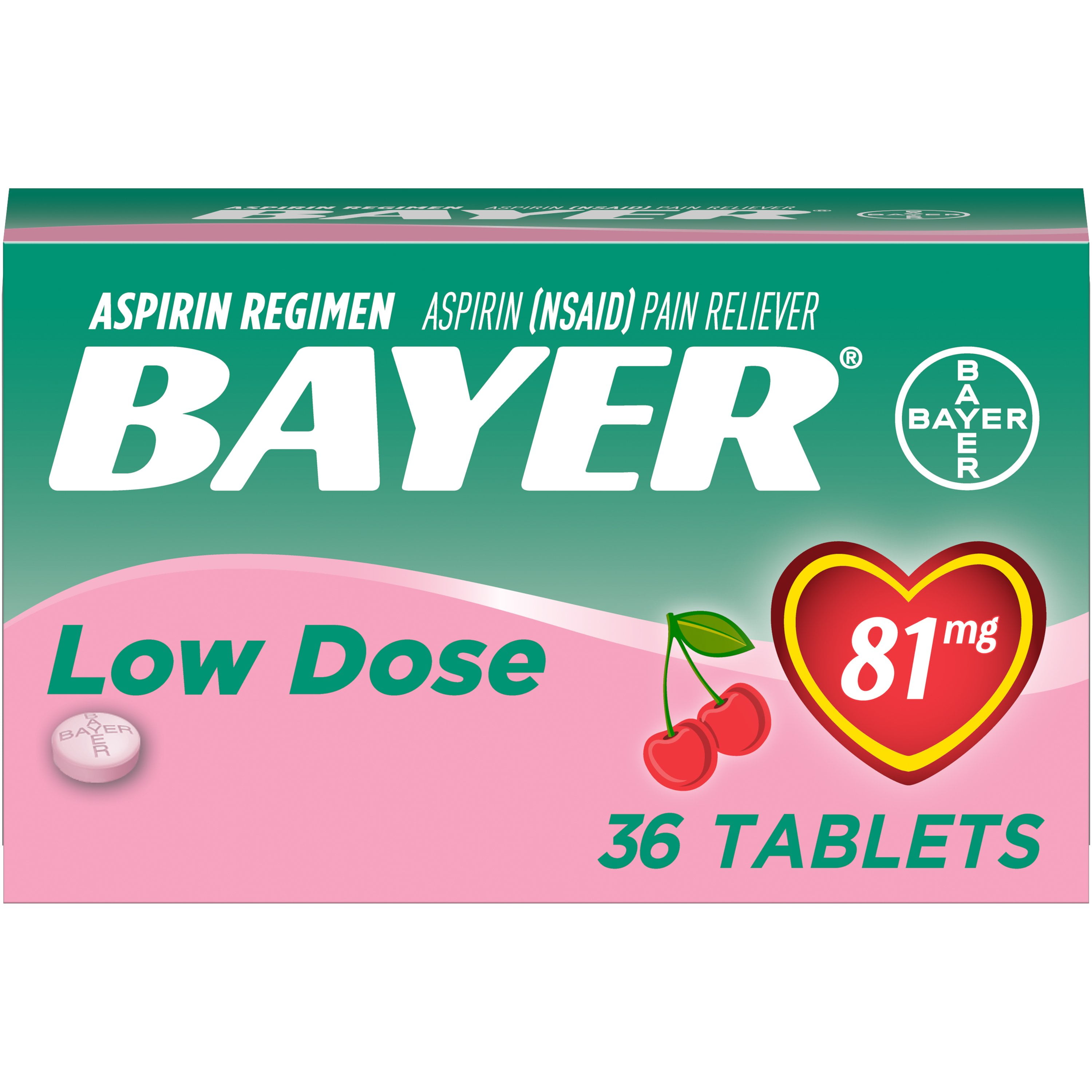 Bayer Low Dose Aspirin Regimen Pain Reliever Cherry Flavor 36 ct, 5-Pack