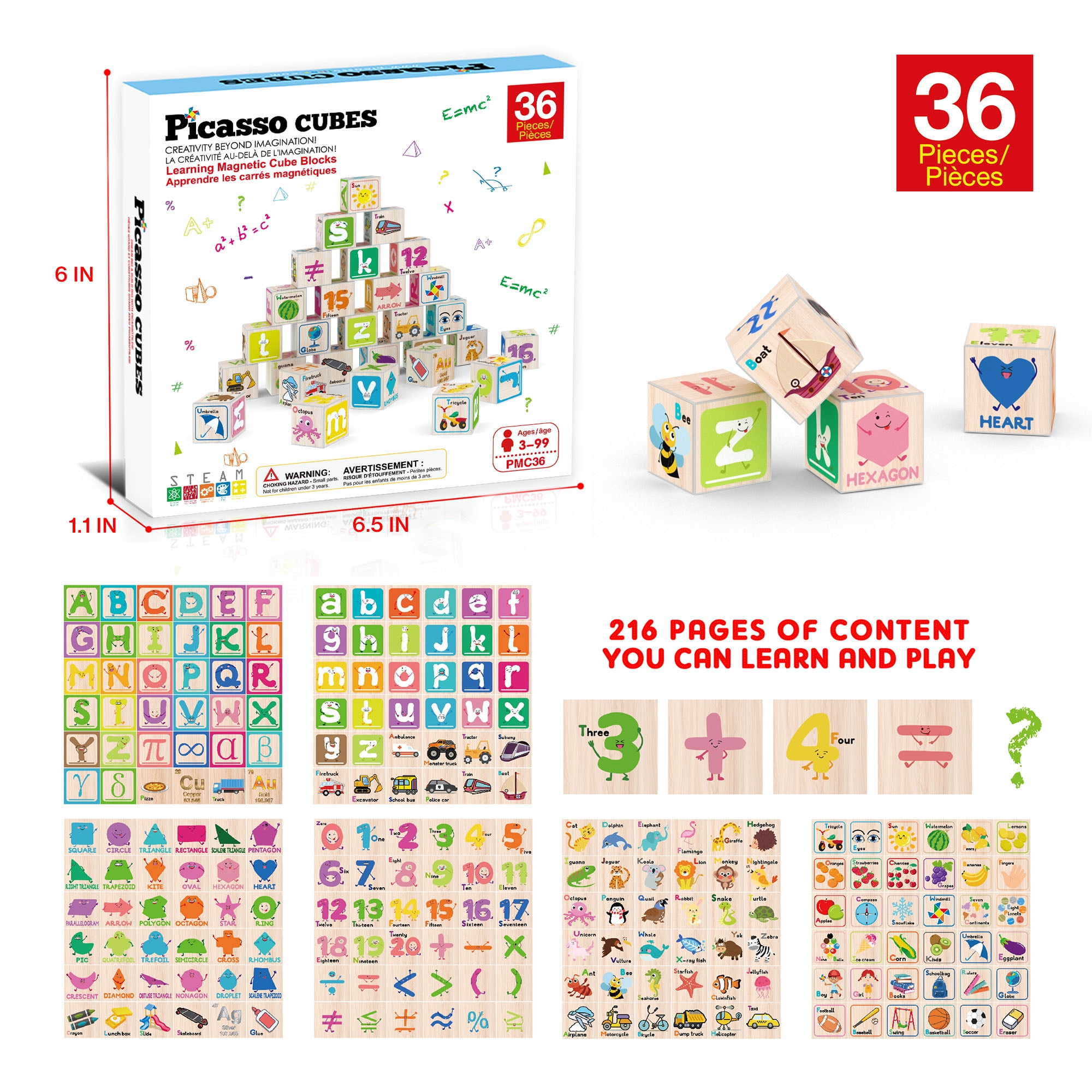 PicassoTiles 36PCS 1" Magnetic Puzzle Cubes, 216 Patterns, Alphabet, Numbers & Shapes STEM Educational Sensory Building Toy for Kids 3+