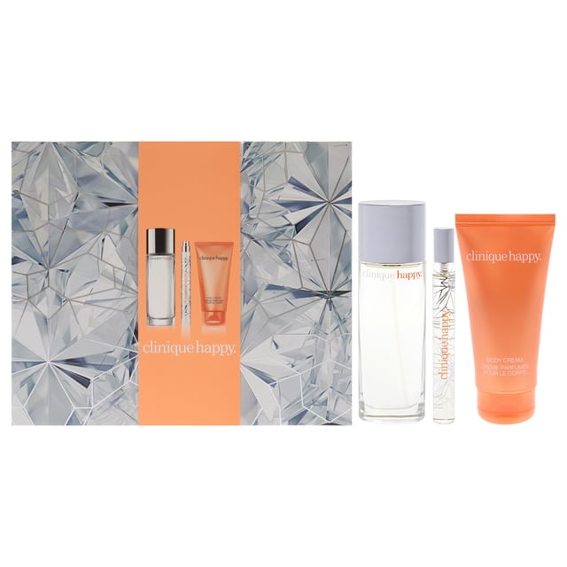 Set Perfectly Happy de Clinique para mujeres: kit de 3 piezas en spray de perfume Clinique Happy de 1,7 oz, spray de perfume Clinique Happy de 0,34 oz, crema corporal Happy de 2,5 oz