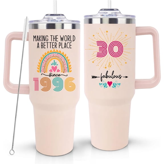 30th Birthday Gifts for Women, 1996 Birthday Gifts For Turning 30 Years Old Woman, 30th Birthday Decorations Ideas, 30 and Fabulous Gifts for Her, 40oz Tumbler Cup with Handle and Straw Lid