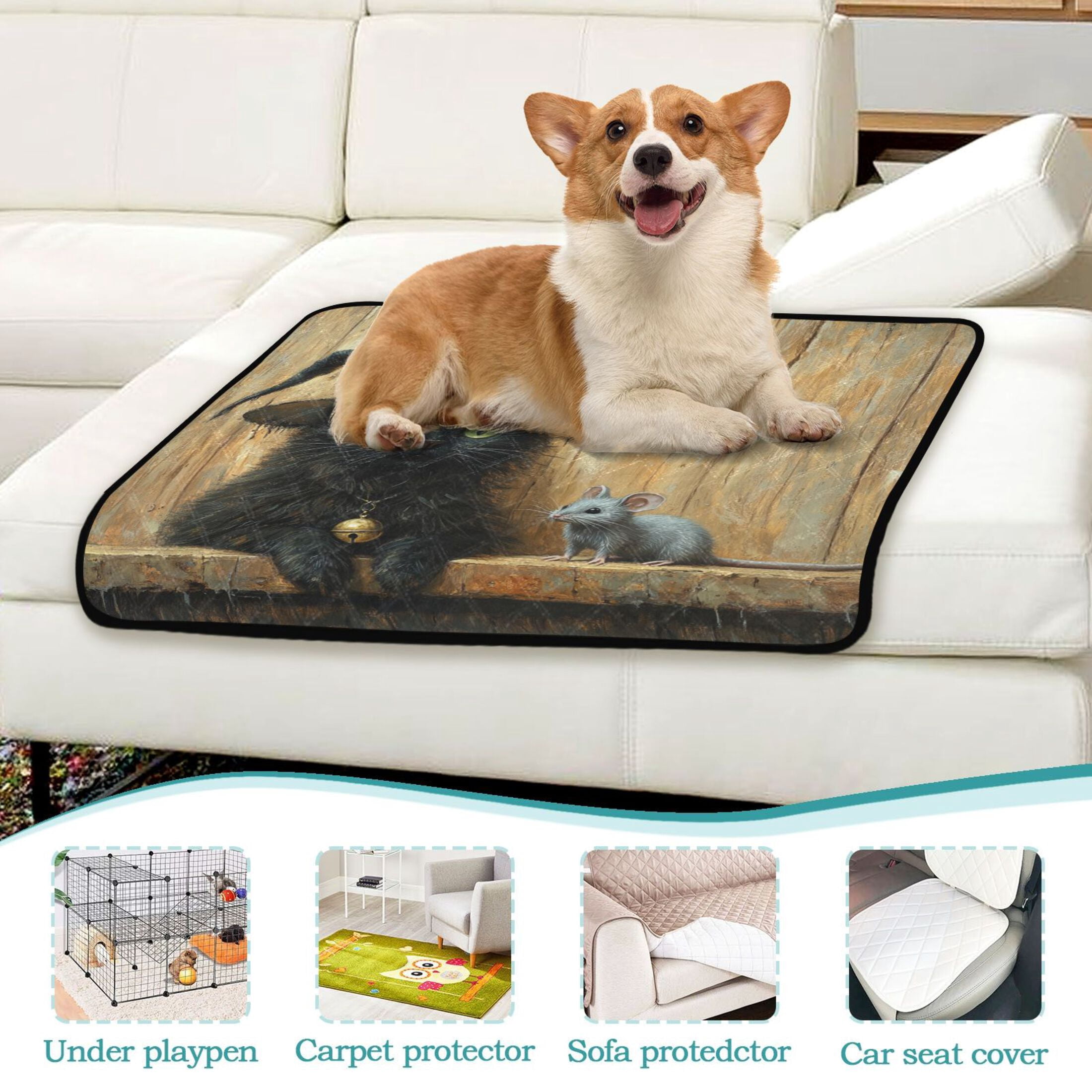 Qxltty Black Cat Meet Gray Mouse Cat litter Pads Pet Set of 3 Diaper Mats Center Anti-leakage Layer Absorbent Soft and Comfortable