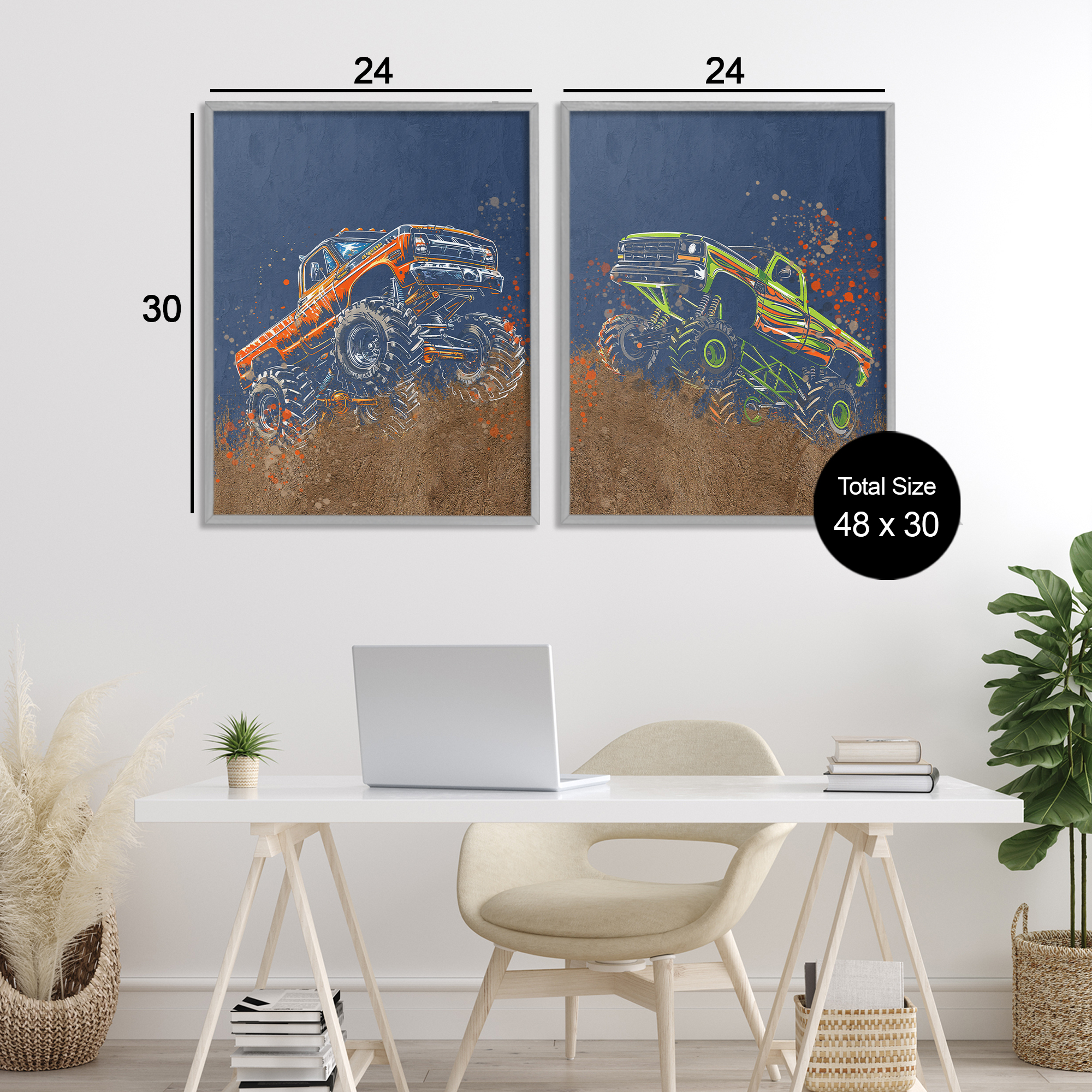 Monster Truck Jam 2 Piece Gray Framed Giclee Art Set, design by Kim Allen