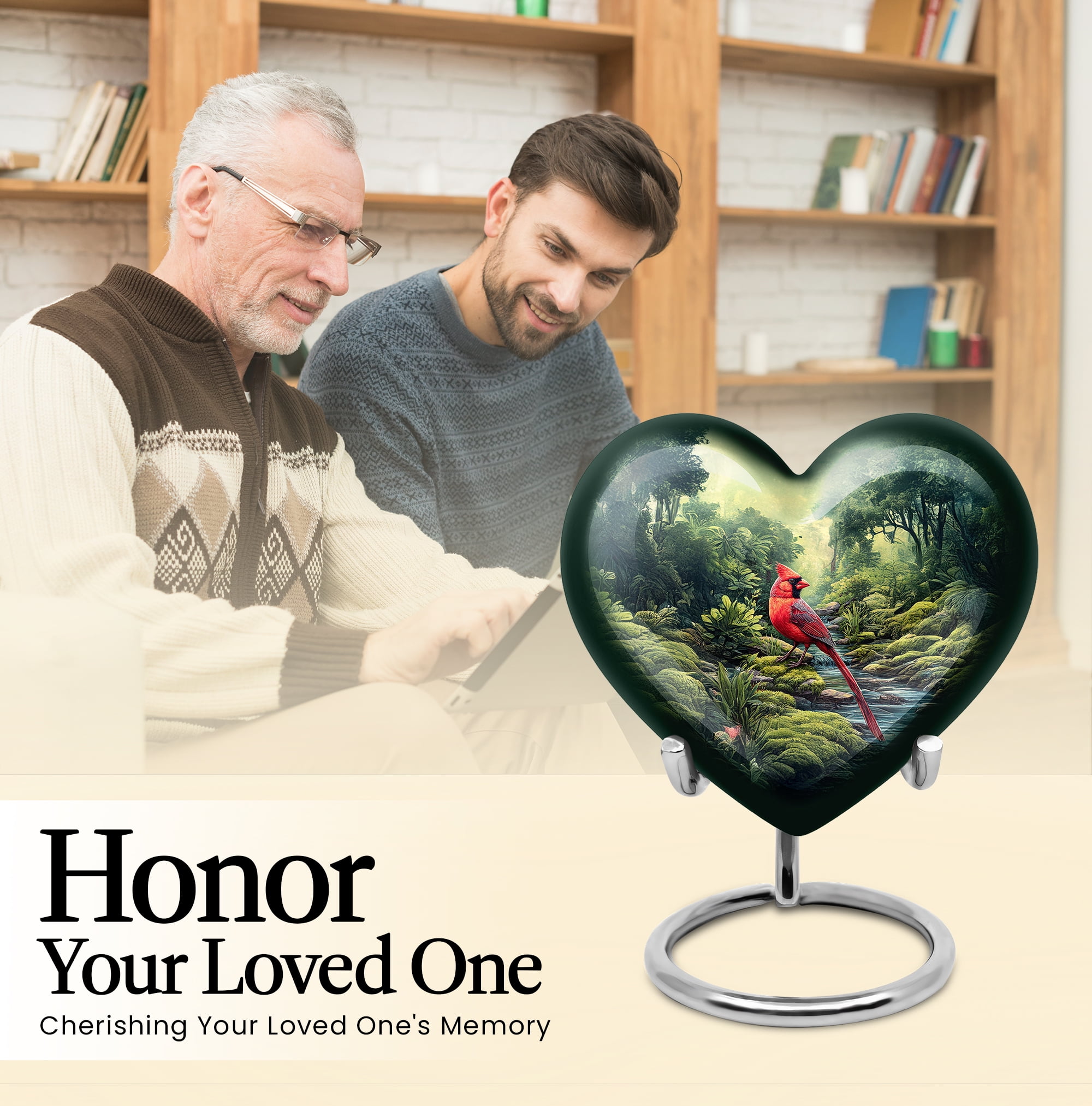 MUKTIVE Red Cardinal Urns for Human Ashes Adult Man & Women - Bird Cremation Urns for Human Ashes - Green Funeral Urn for Burial - Large Heart Urn for Mom & Dad - 8 Inch