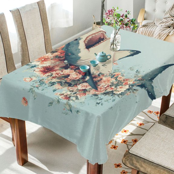 WOBOGO A Shark Full Of Flowers Square Tablecloth 54×54in Polyester Fabric Tablecloth Washable Dust Resistant Wrinkle Resistant