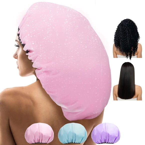 Sheomern Jumbo Shower Cap for Women, Extra Large Shower Caps Reusable Waterproof Satin Lined Shower Cap, XXL Adjustable Double Layer for Long Hair, Braids, Curly, Dreadlocks, Locs (3 Pcs)