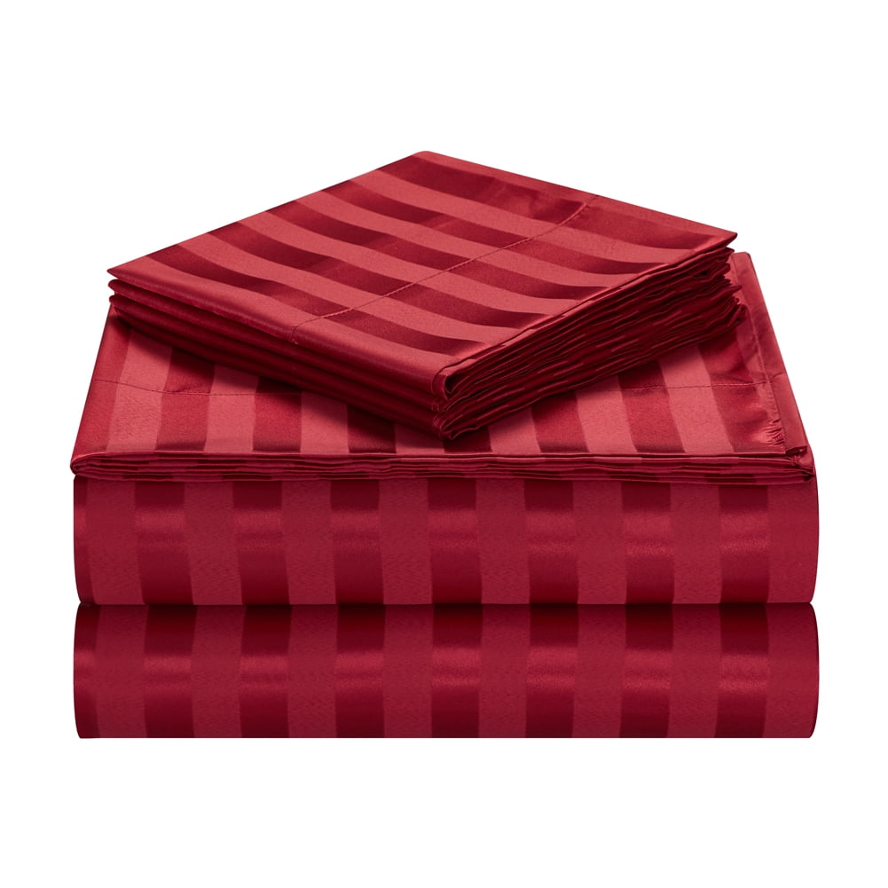 AiMay Italian Style  6 Piece Satin Bed Sheet Set Stripes Super Soft Deep Pocket 1800 Luxury Rich Silk 1 Flat Sheet 1 Fitted Sheet 4 Envelope Pillowcases Stain-Resistant Wrinkle Free (Queen, Burgundy)