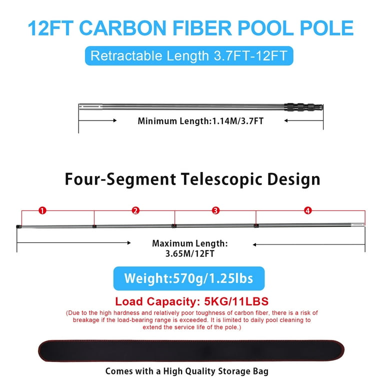 DOBEN 12FT Carbon Fiber Telescoping Pool Pole - Lightweight, Rust-Proof & Compatible With Skimmers, Brushes & Nets