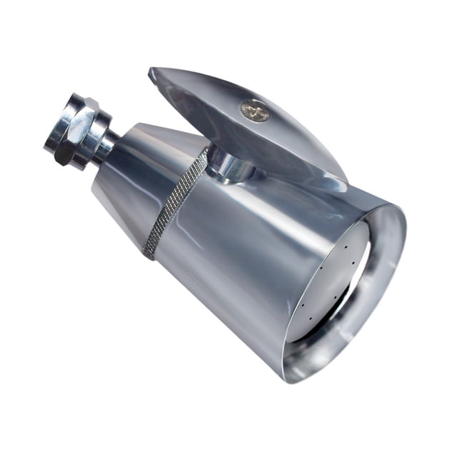 regadera ahorradora agua 6 lt/min reguladora flujo kruger krüger mjtt regadera de latón con acabado cromo brillante en vista 3/4; cuerpo cónico plateado con orificios en la base, anillo estriado para desmontar y unión roscada, manivela superior para regular el flujo (6 L/min), fácil de limpiar; también suele usarse en duchas compactas.