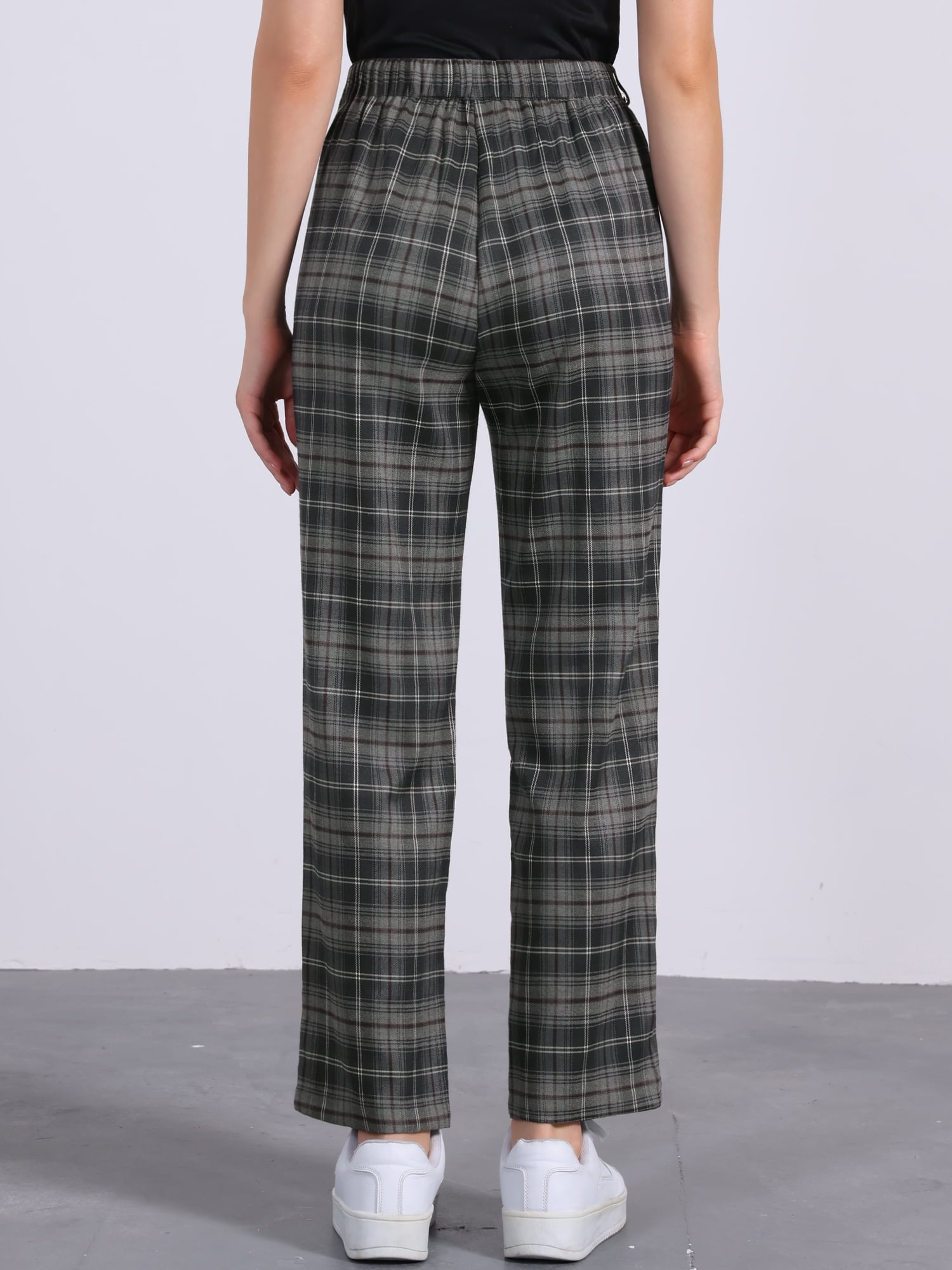 DARING DIVA Women's Plaid Pants Elastic Waist Casual Long Trousers M Dark Gray Brown